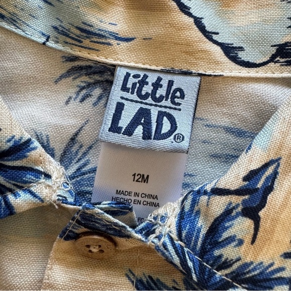 Little Lad 12M Baby Boy Outfit 2PC Set Blue beige Palms Tropical Nautical - Picture 4 of 5